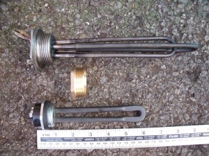 GB3WB heater elements - long mains 1.25 inch BSF and short 24v 1 inch BSF thread - Brass adapter shown